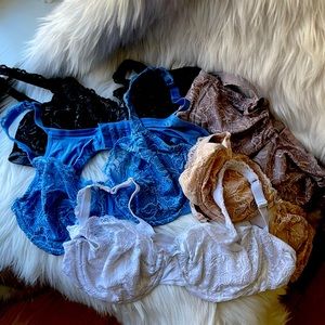 Bali lot of 5 underwire, unlined lace bras: black, white, nude, gray, blue 42B